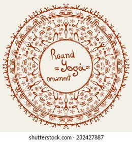 ethnic round frame with yoga asanas, people, eyes