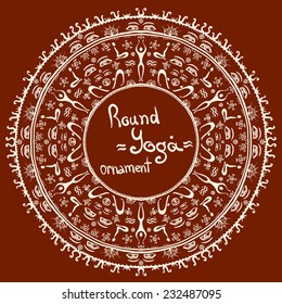 ethnic round frame with yoga asanas, people, eyes