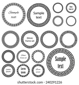 Ethnic round frames in mega pack. Decoration elements of different size with sample text in huge collection. Monochromatic vector illustration on white background 