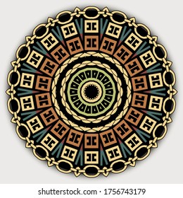 Ethnic round mandala pattern. Ornamental colorful vector background. Repeat tribal backdrop. Geometric ornate ornament. Abstract shapes, chains, knitted ropes, circles,  frames, greek key meanders.