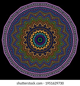 Ethnic round mandala pattern. Ornamental floral background. Bright colorful tribal vector backdrop. Rosette. Folkloric style ornament with geometric shapes, zigzag lines, borders, frame, circles. 
