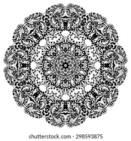 Ethnic round ornament. Hand drawn mandala. Henna mehndi design element. Orient traditional background. Lace circular ornament. Indian, Islamic, Asian, ottoman, Arabic  motif. Vector illustration.
