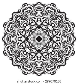 Ethnic round ornament. Hand drawn mandala. Henna mehndi design element. Orient traditional background. Lace circular ornament. Indian, Islamic, Asian, ottoman, Arabic  motif. Vector illustration.