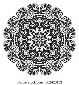 Ethnic round ornament. Hand drawn mandala. Henna mehndi design element. Orient traditional background. Indian, Islamic, Asian, ottoman, Arabic  motif. Vector illustration.