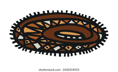 Ethnic round rug with geometric pattern. Handmade textile product. Colored African rug. Floor covering made from natural materials. Folk craft. Vector illustration in cartoon style.