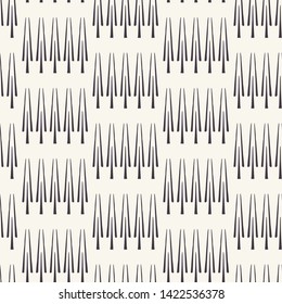 Ethnic row of trees motif scandi style. Vector seamless pattern. Folk art geometric nature textile swatch. Modern monochrome home decor. Isolated motif. Trendy simple christmas festive all over print