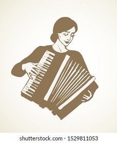 Ethnic russian young fun talent smile lady skill bellow harmonic key chord on white. Line black ink drawn happy human folklore tune event show logo icon sign symbol in antique doodle cartoon style