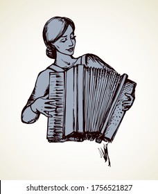 Ethnic russian young fun talent smile lady skill bellow harmonic key chord on white. Line black ink drawn happy human folklore tune event show logo icon sign symbol in antique doodle cartoon style