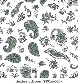 Ethnic sage green paisleys with flowers seamless repeat pattern on white background. Traditional, random placed, vector all over scarf print.