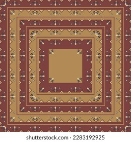 Ethnic scarf pattern design on brown color. Square silk scarves beautiful motifs
