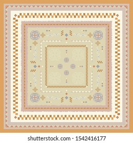 Ethnic scarf pattern with geometric design border on brown and yellow