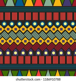 Ethnic seamless background with geometric pattern. Colorful background in traditional tribal folk style. Design for textile, cover, wallpaper, gift packaging, printing.