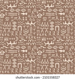 Ethnic seamless background. Stylized cave art of ancient peoples. Hand drawn Pattern for fabric and other