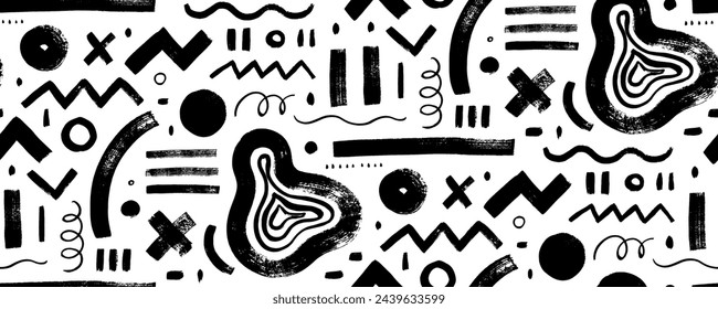 Ethnic seamless banner design with organic geometric shapes and various lines. Brush drawn bold shapes and thin curved lines. Creative hand drawn vector seamless pattern in Memphis childish style.