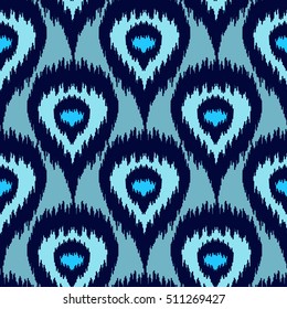 Ethnic seamless blue pattern. Boho winter textile print. Geometric wallpaper with abstract peacock feathers.