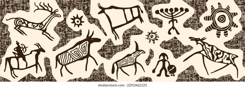 Ethnic seamless border on the theme of rock paintings, vector design, banner