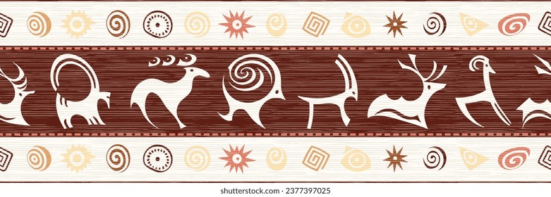 Ethnic seamless border on the theme of rock paintings, vector design, banner 