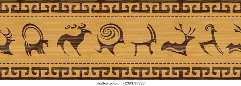 Ethnic seamless border on the theme of rock paintings, vector design, banner 