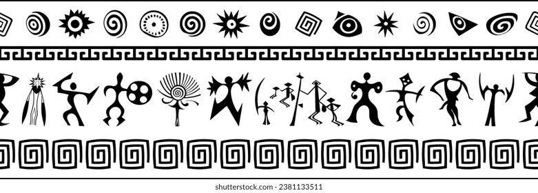 Ethnic seamless border on the theme of rock paintings, vector design, banner 