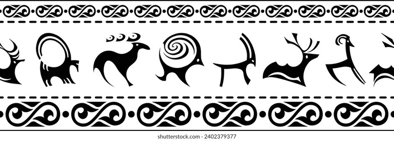 Ethnic seamless border on the theme of rock paintings, vector design, banner 