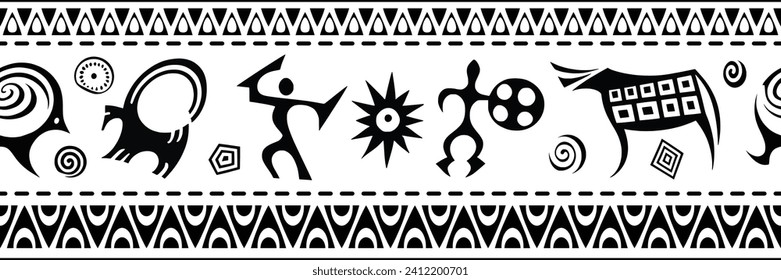 Ethnic seamless border on the theme of rock paintings, vector design, banner 