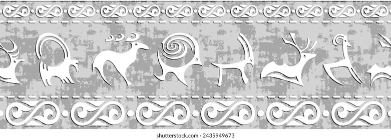 Ethnic seamless border on the theme of rock paintings, vector design, banner 