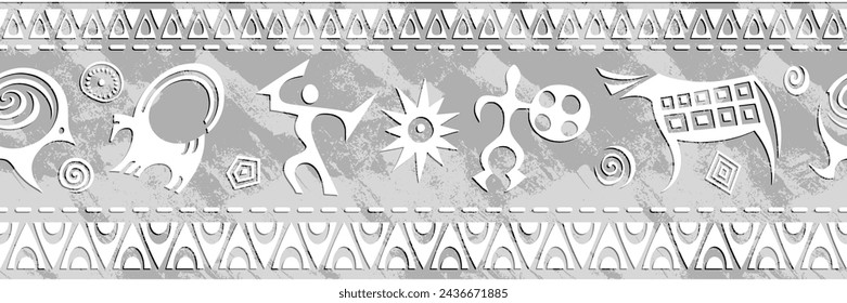 Ethnic seamless border on the theme of rock paintings, vector design, banner