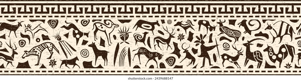 Ethnic seamless border on the theme of rock paintings, vector design, banner 