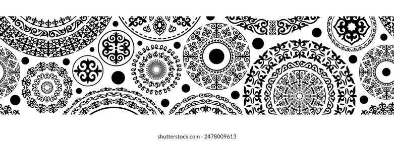 Ethnic seamless border on the theme of Kazakh national ornament, seamless pattern, round elements, vector banner