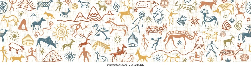 Ethnic seamless border on the theme of rock paintings, petroglyphs, vector design, banner