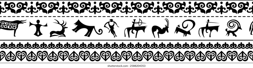 Ethnic seamless border on the theme of rock paintings and Altai national ornament, Scythian and Turkic, vector design, banner