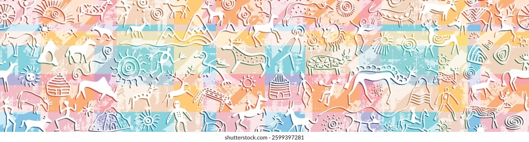 Ethnic seamless border on the theme of rock paintings, petroglyphs, vector design, banner