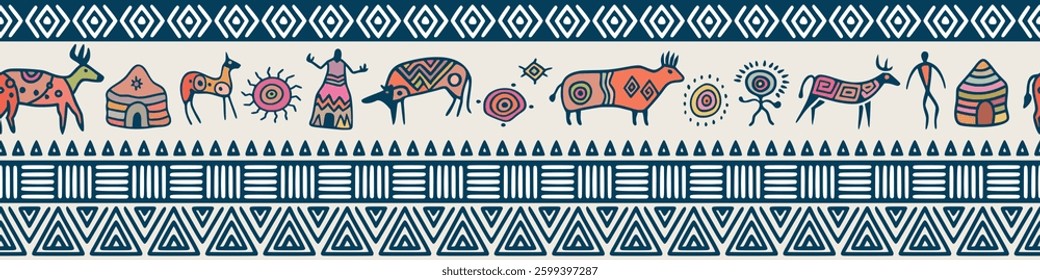 Ethnic seamless border on the theme of rock paintings, petroglyphs and geometric pattern, vector design, banner