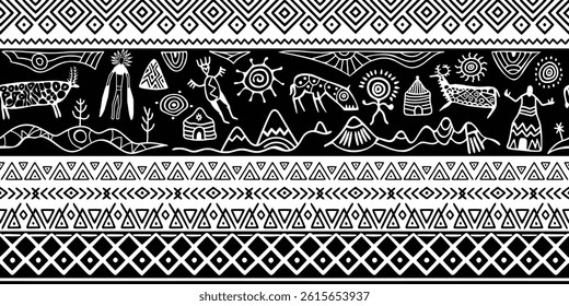 Ethnic seamless border on the theme of rock paintings, petroglyphs and geometric pattern, vector design, banner