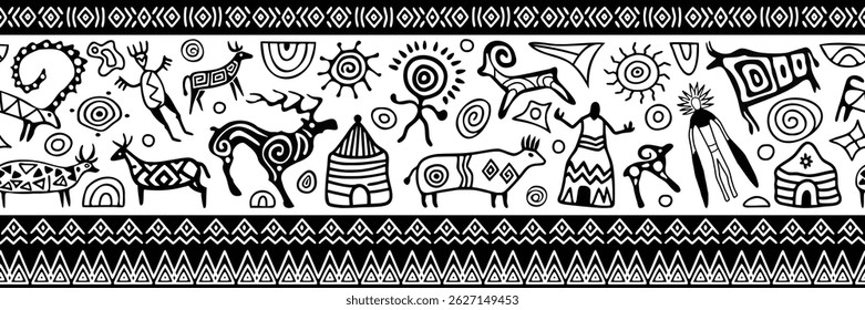 Ethnic seamless border on the theme of rock paintings, petroglyphs and geometric pattern, vector design, banner