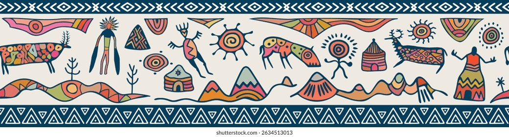 Ethnic seamless border on the theme of rock paintings, petroglyphs and geometric pattern, vector design, banner