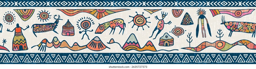 Ethnic seamless border on the theme of rock paintings, petroglyphs and geometric pattern, vector design, banner
