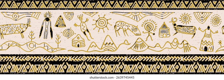Ethnic seamless border on the theme of rock paintings, petroglyphs and geometric pattern, vector design, banner