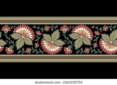 Ethnic Seamless borders and flower ornament, motif draws working illustration flowers and ornament motif India design elements Neckline pattern , repeat the floral texture