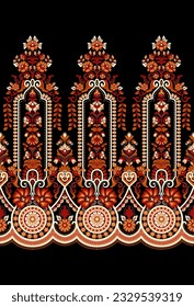 Ethnic Seamless borders and flower ornament, motif draws working illustration flowers and 
ornament motif India design elements Neckline pattern or, repeat the floral texture