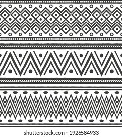 Ethnic seamless borders set with geometric shapes. Can be used like a final pattern. Flat, monochromatic, vector.