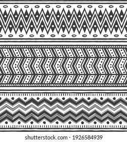 Ethnic seamless borders set with geometric shapes. Can be used like a final pattern. Flat, monochromatic, vector.