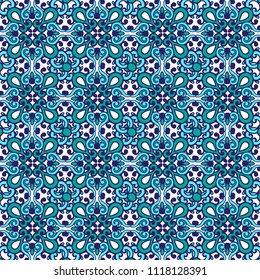 Ethnic seamless doodle pattern in blue colors. Decorative ornament backdrop for fabric, textile, wrapping paper. Vector illustration.