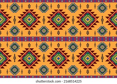 Ethnic seamless fabric pattern design decorated with geometric shapes.  For garments, scarves, through fabrics, tablecloths, skirts, cloth bags, carpets.