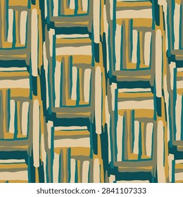 Ethnic seamless geometric pattern with hand drawn lines. Vector tribal background design with abstract mustard yellow, ocher and teal blue brush strokes. Trendy bohemian print for fabric and wallpaper