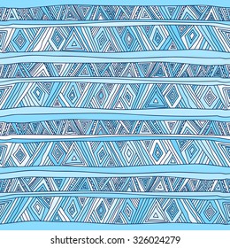Ethnic seamless geometric pattern.Traditional folk structure of national motives. Print in blue tones, painted by hand.