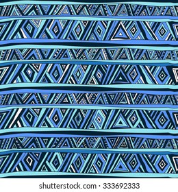 Ethnic seamless geometric pattern.Traditional folk structure of national motives. Print in blue tones, painted by hand. Pattern for design background, packaging, wallpaper, fabrics, textiles.