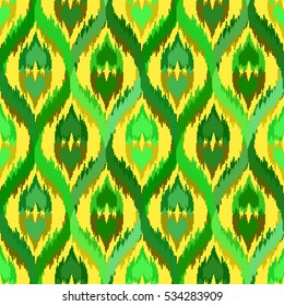 Ethnic seamless green and yellow pattern. Boho textile print. Geometric wallpaper with abstract tile and elements.