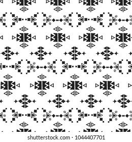 Ethnic seamless horizontal background with hand drawn sketched elements. Geometrical shapes black and white pattern for decoration or print.
