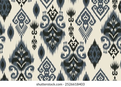 Ethnic seamless ikat fabric pattern with tribal and geometric motifs in black and white tones. Perfect for textile design, wallpaper, fashion fabric or home decor background.